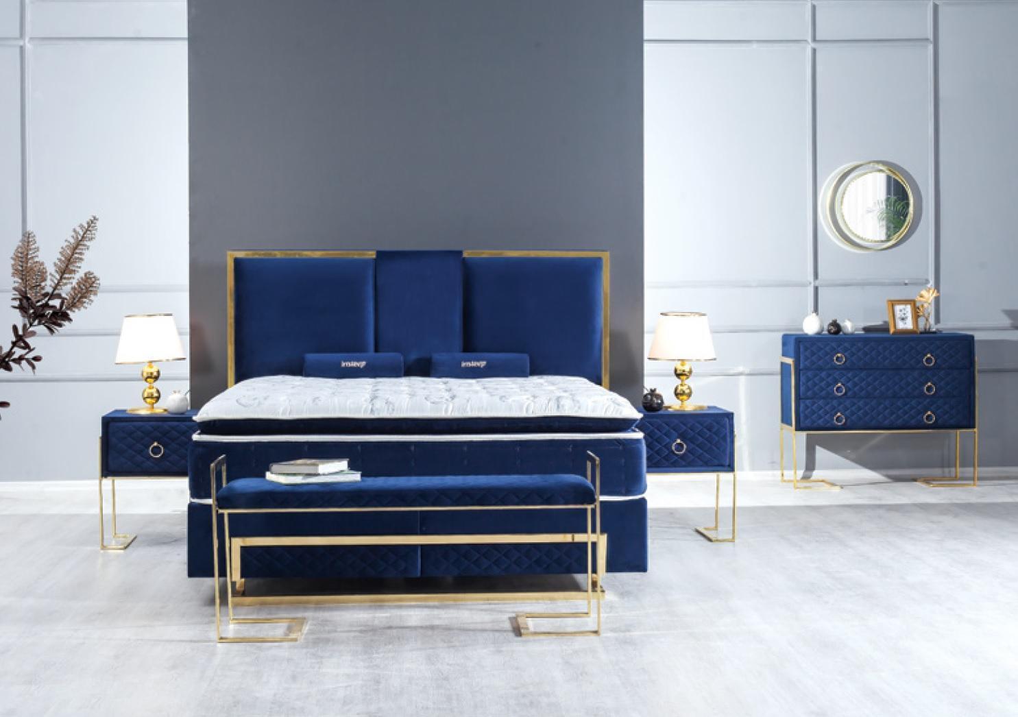 Schlafzimmer Set Bett Blau Hocker Kommode Design Luxus 2x Nachttische