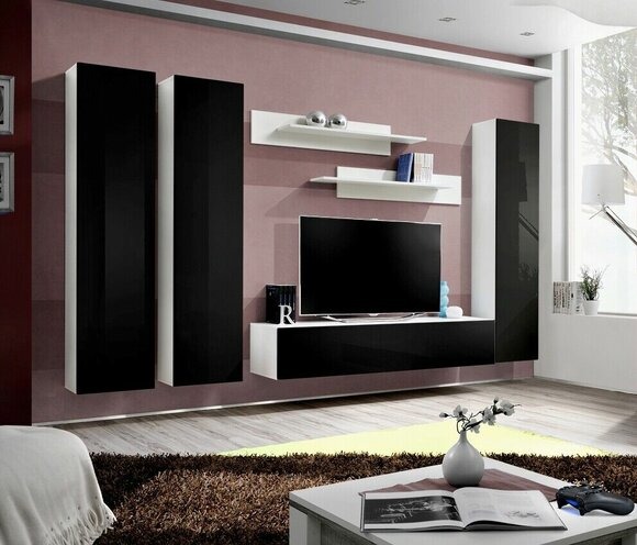 Set Wohnwand Wohnzimmer Wand Regale Schwarz TV Ständer Lowboard