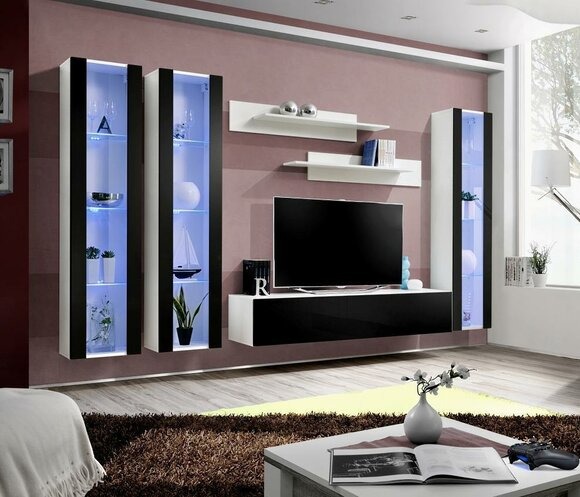 Moderne Wohnwand Wand Regale Wohnzimmer Hänge Vitrine Design Möbel