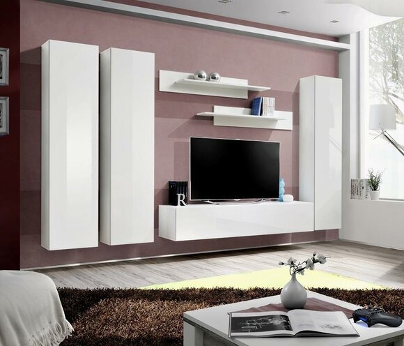 Komplette Set 6 tlg Weiß Wohnwand TV Ständer Wohnzimmer Einrichtung