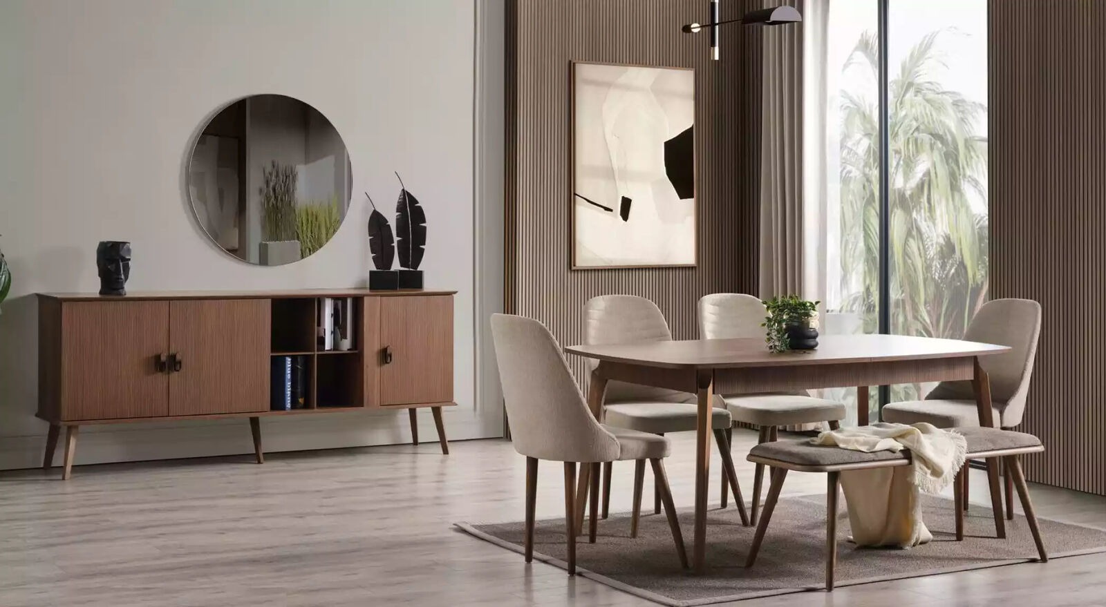 Esszimmer Holz Esstisch Garnitur Sideboard Spiegel 4x Stühle Set 8tlg.
