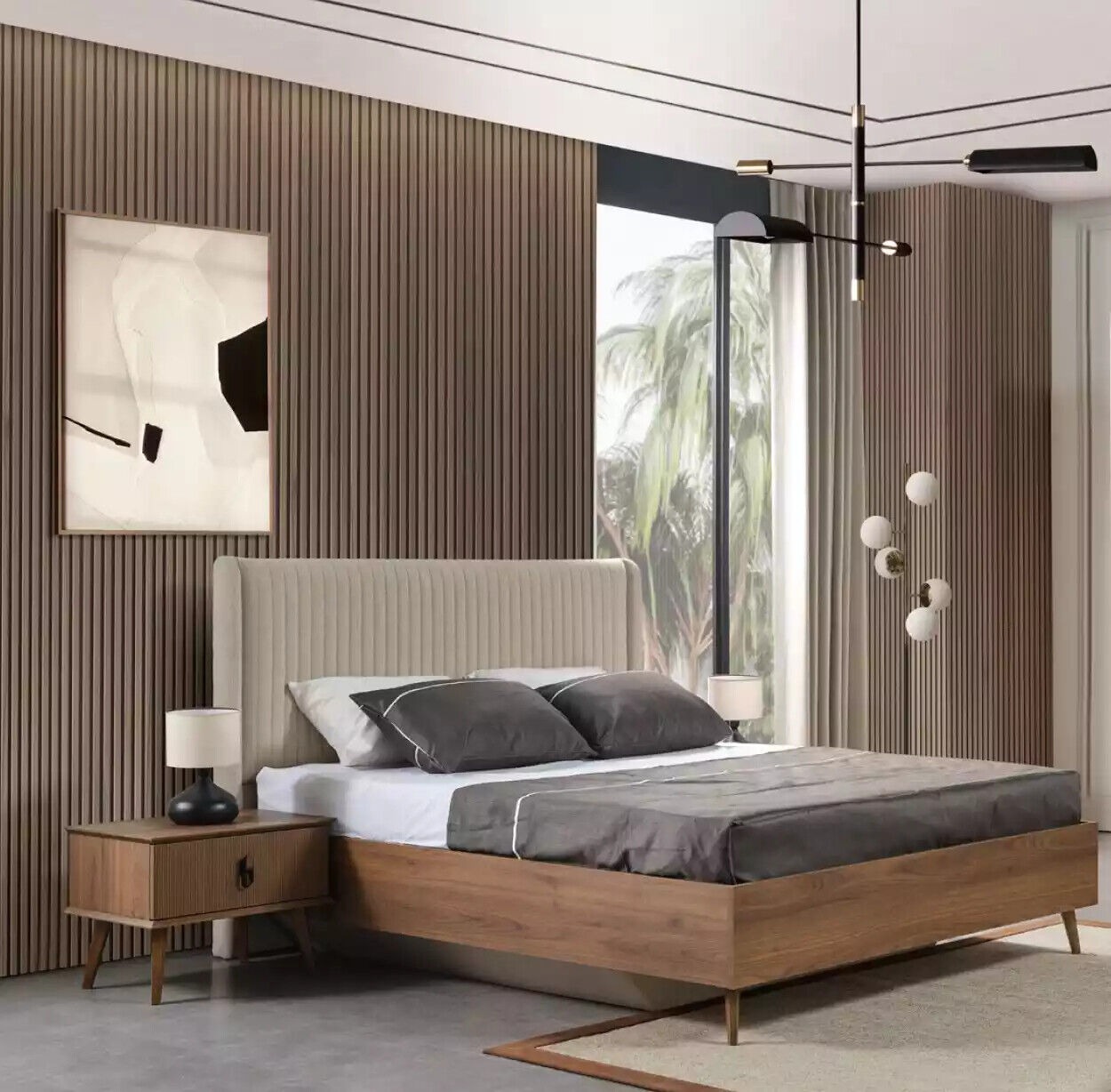 Bett 2x Nachttische 3tlg. Schlafzimmer Design Möbel Braun Holz Neu Set