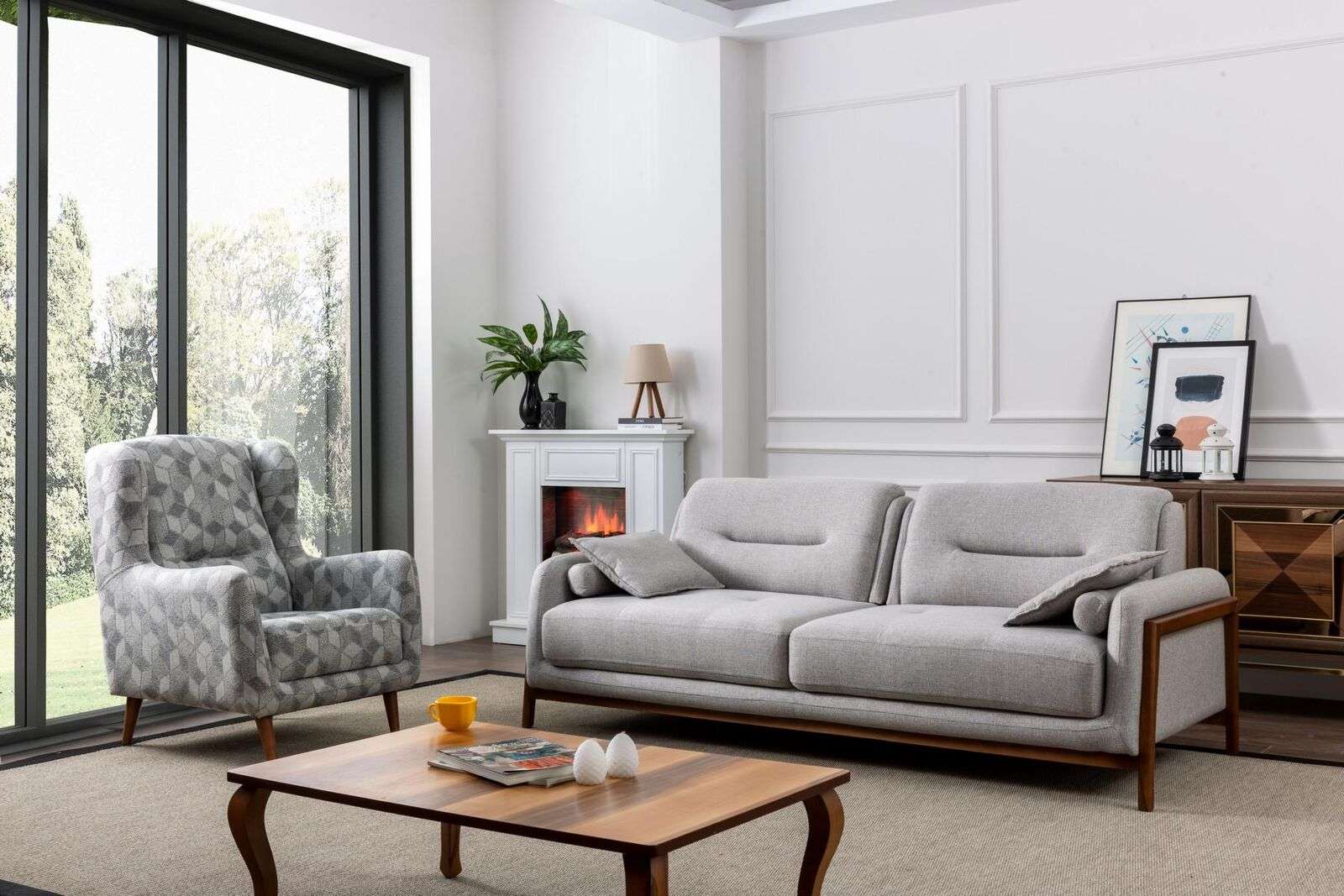 Set 2 tlg Wohnzimmer Sofagarnitur Dreisitzer Sofa Modern Sessel Textil