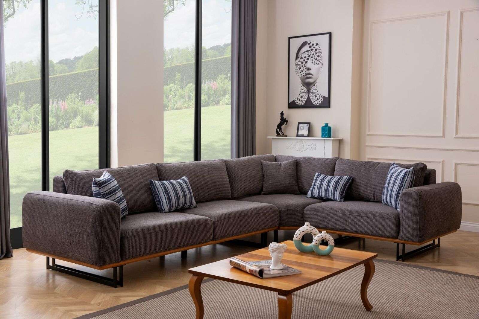 Designer Ecksofa L Form Polster Textil Modern Braun Luxus Wohnlandschaft
