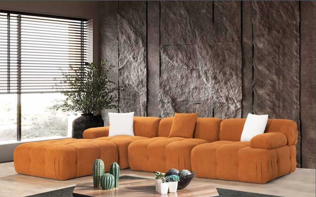 Oranges L-Form Sofa Wohnzimmer Luxus Couch Ecksofa Holz Textil Möbel
