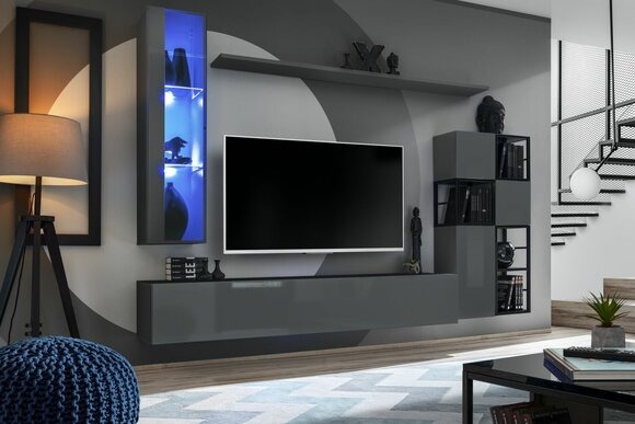 Designer Grau Wohnwand Hänge VitrineTV Ständer Komplett Hochglanz Sideboard