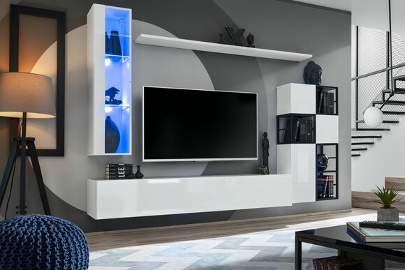 Hänge Vitrine Weiß Wohnwand Designer TV Ständer Komplett 9tlg Holzmöbel Regale