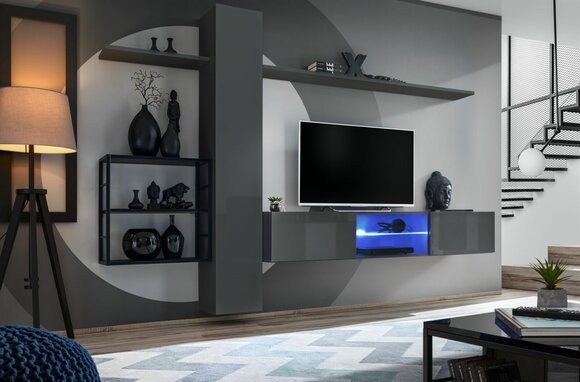 Wohnzimmermöbel Wohnwand 270 cm Wandschrank Einrichtung Grau Luxus Wand Regale