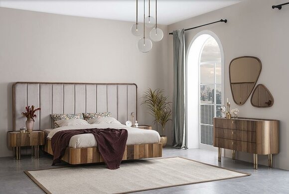 Schlafzimmer Set Doppel Bet Moderne 2x Nachttische Luxus Kommode mit Spiegel