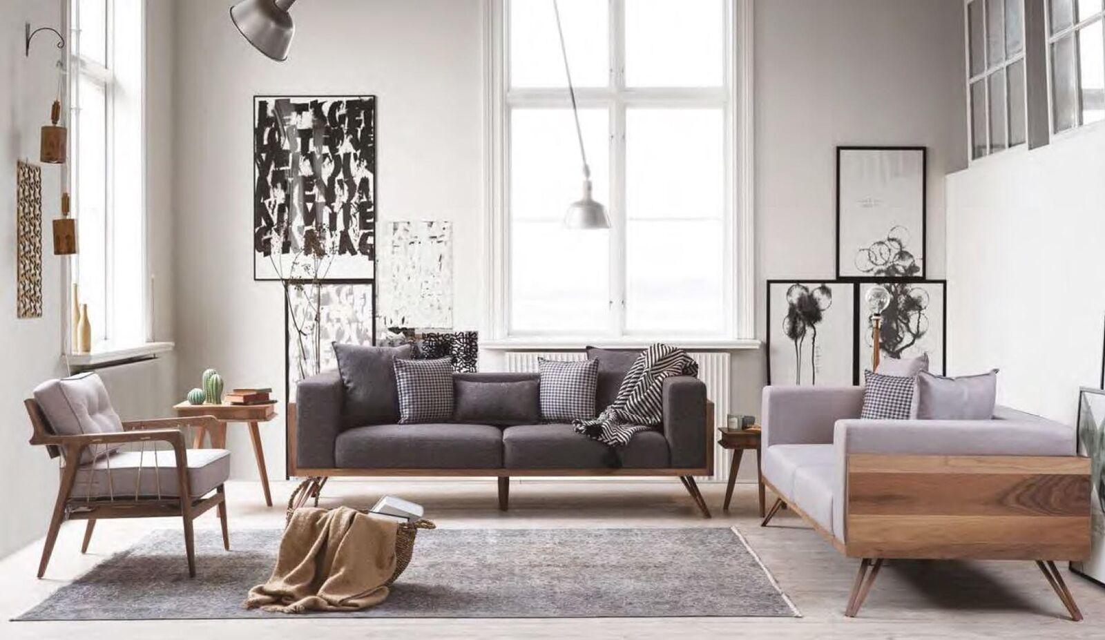 Moderne Sofagarnitur 3+3+1 Sitzer Wohnzimmer Einrichtung Holzgestell