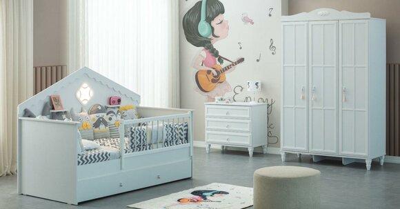 Kinderbettchen Garnitur Kinderlaufstall Bettchen Weiß Holz Set 3tlg