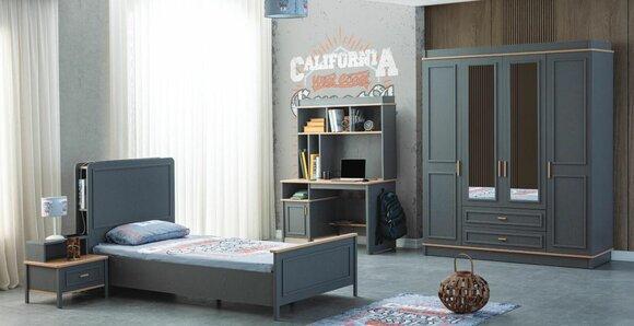 Garnitur Kinderzimmer Bett Kinderbett Kindermöbel Grau Holz Set 4tlg