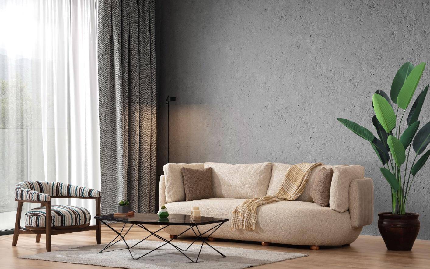 Stilvolle Wohnzimmer Sofagarnitur Moderner Beiger Dreisitzer Sessel 2tlg