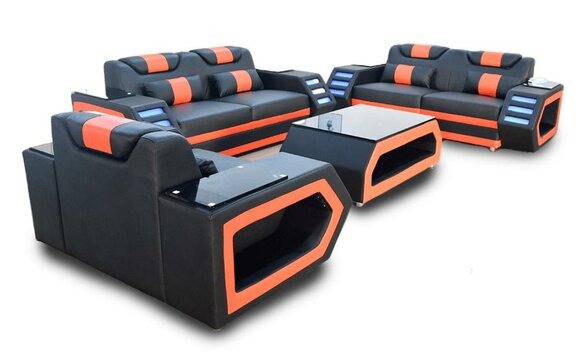 Designer Sofagarnitur Sofa Polster Set 3+2+1 Ledersofa Beleuchtet Leder