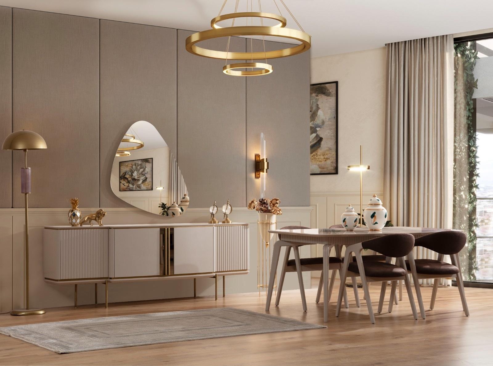 Holzmöbel Designer Esszimmergarnitur Beiger Esstisch 4x Stühle Anrichte