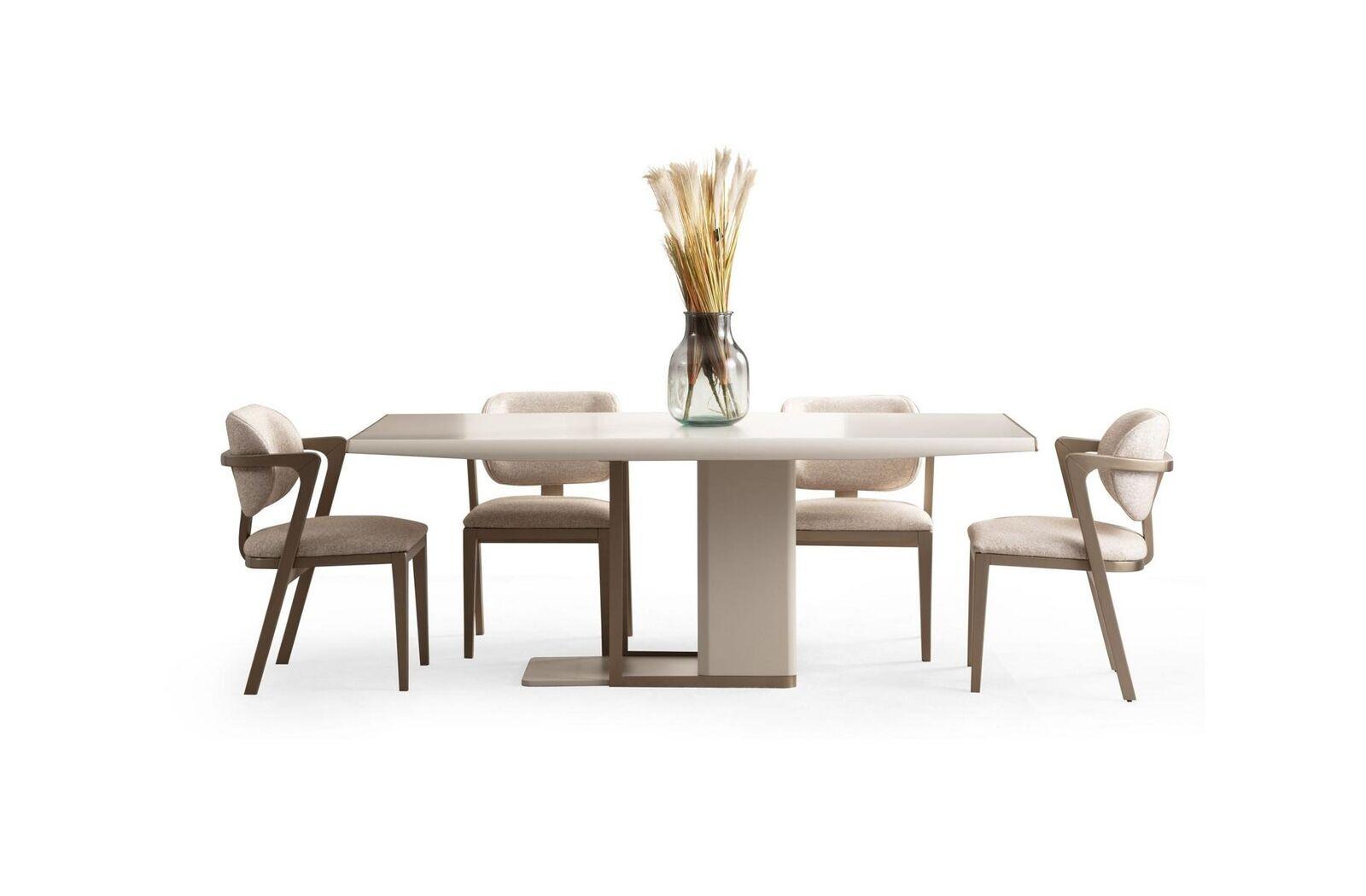 Weiß-Beige Esszimmer Möbwl Rechteckiger Esstisch Mit 6x Stühlen 7tlg