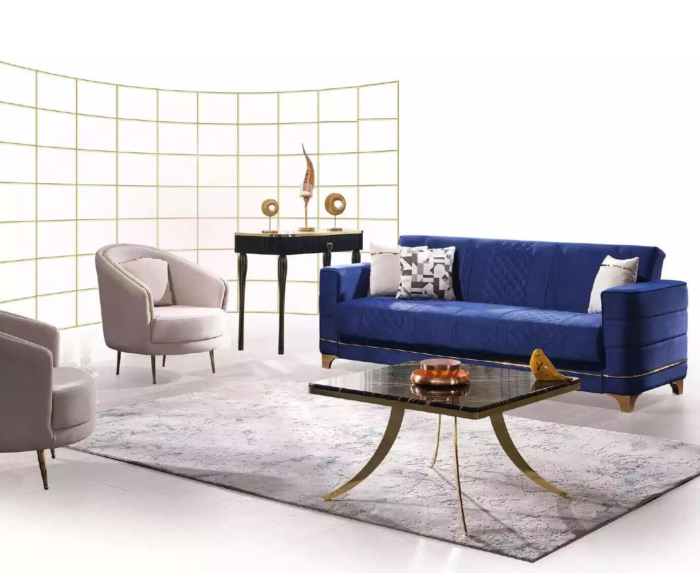 Blaue Polstergarnitur Set 3+1+1 Sitzer Sofa Set Sessel Sofagarnitur 3tlg