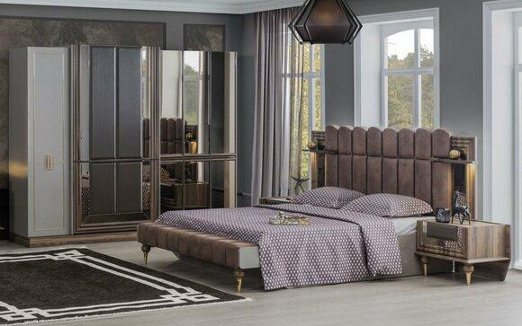 Schlafzimmer Garnitur Luxus Doppelbett Holz Braun Stoff Bett Set 4tlg
