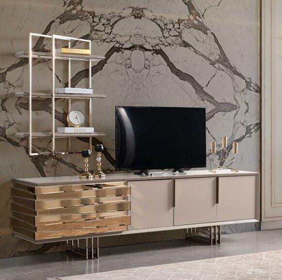 RTV Lowboard TV Ständer Sideboard Beige Gold Wohnzimmer Set Regale Neu