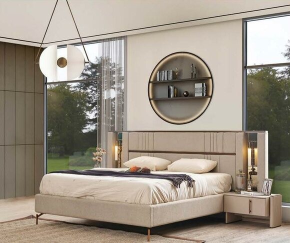 Luxuriöses Schlafzimmer Beiges Doppelbett 2x Nachttische Moderne Möbel