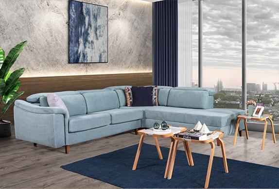 Blaues Ecksofa L-Form Wohnzimmer Polster Couchen Designer Holzgestell