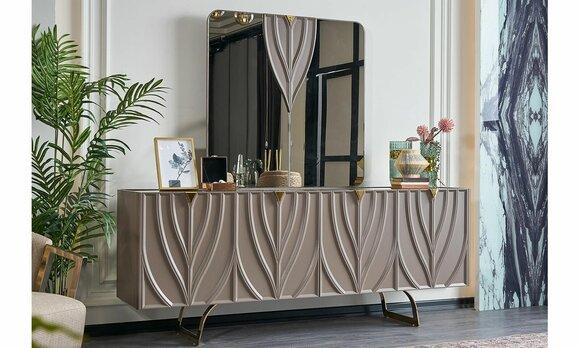 Anrichte Garnitur Sideboard mit Spiegel Esszimmer Holz Braun Schrank