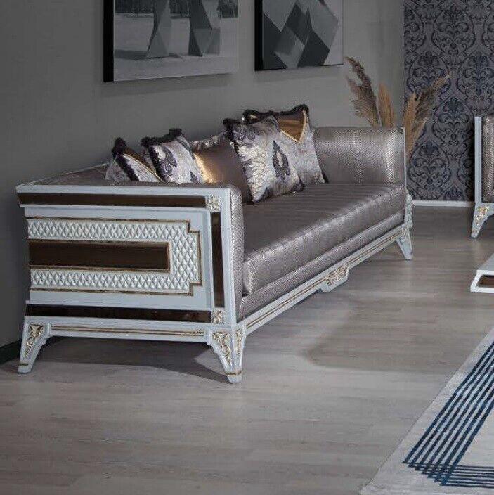 Designer Moderne Luxus Sofa 3 Sitzer Holz Möbel Polster Textil Grau Neu