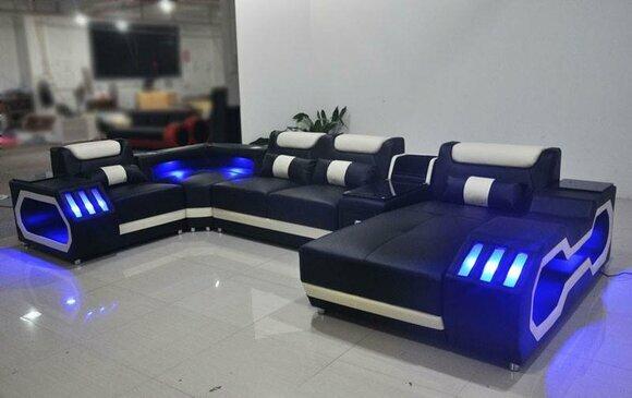 Leder Wohnlandschaft Eckcouch Designer Sofa Ledersofa Couch USB SOUND BOXEN