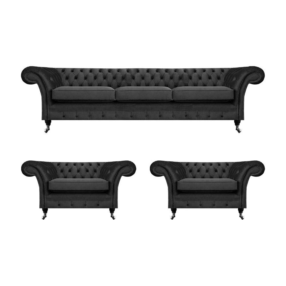 Chesterfield Schwarz Polstermöbel Sofagarnitur Set 3tlg Wohnzimmer 3+1+1