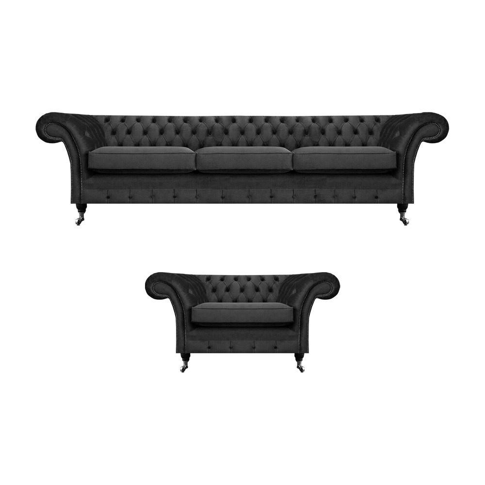 Wohnzimmer Polstermöbel Schwarz Dreisitze Sofa 3+1 Sessel Chesterfield