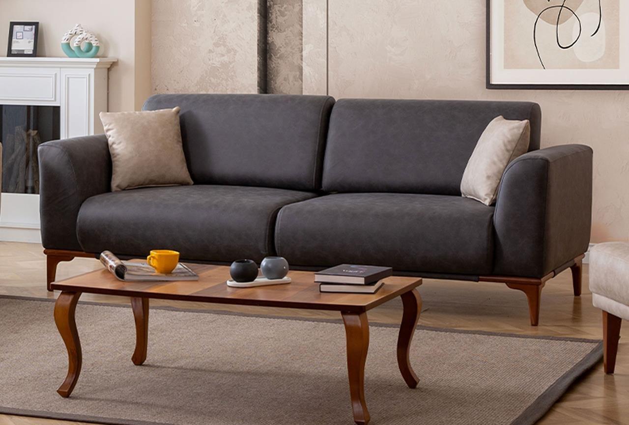 Graues Kunstleder Leder Wohnzimmer Designer Couch Luxuriöser 3-Sitzer