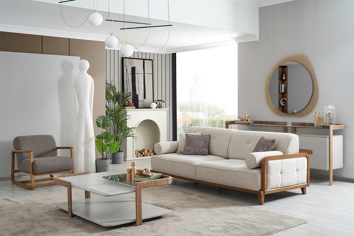 Edle Weiß-Graue Sofagarnitur Dreisitzer Designer Sessel Holz Couchtisch
