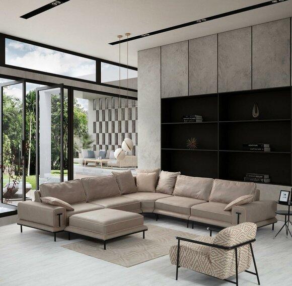 Moderne Beige Wohnzimmer L-Form Garnitur Hocker Ecksofa Polster Möbel