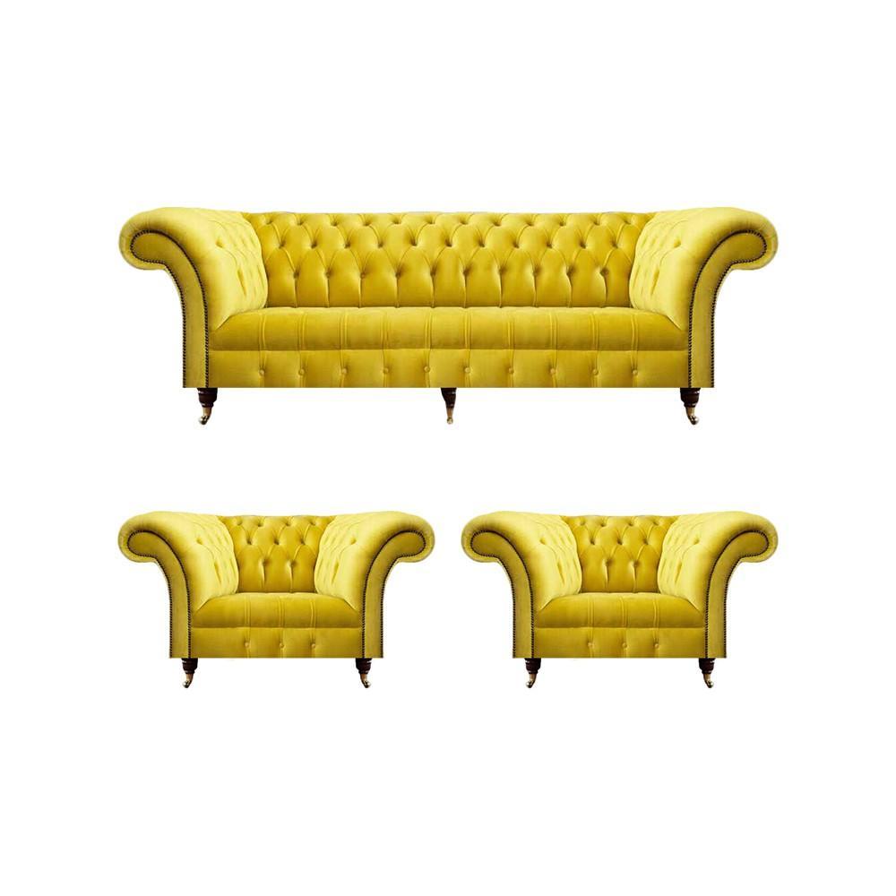 Chesterfield Gelb Sofagarnitur 3tlg Textil Stoff Polstermöbel Sessel Neu Möbel