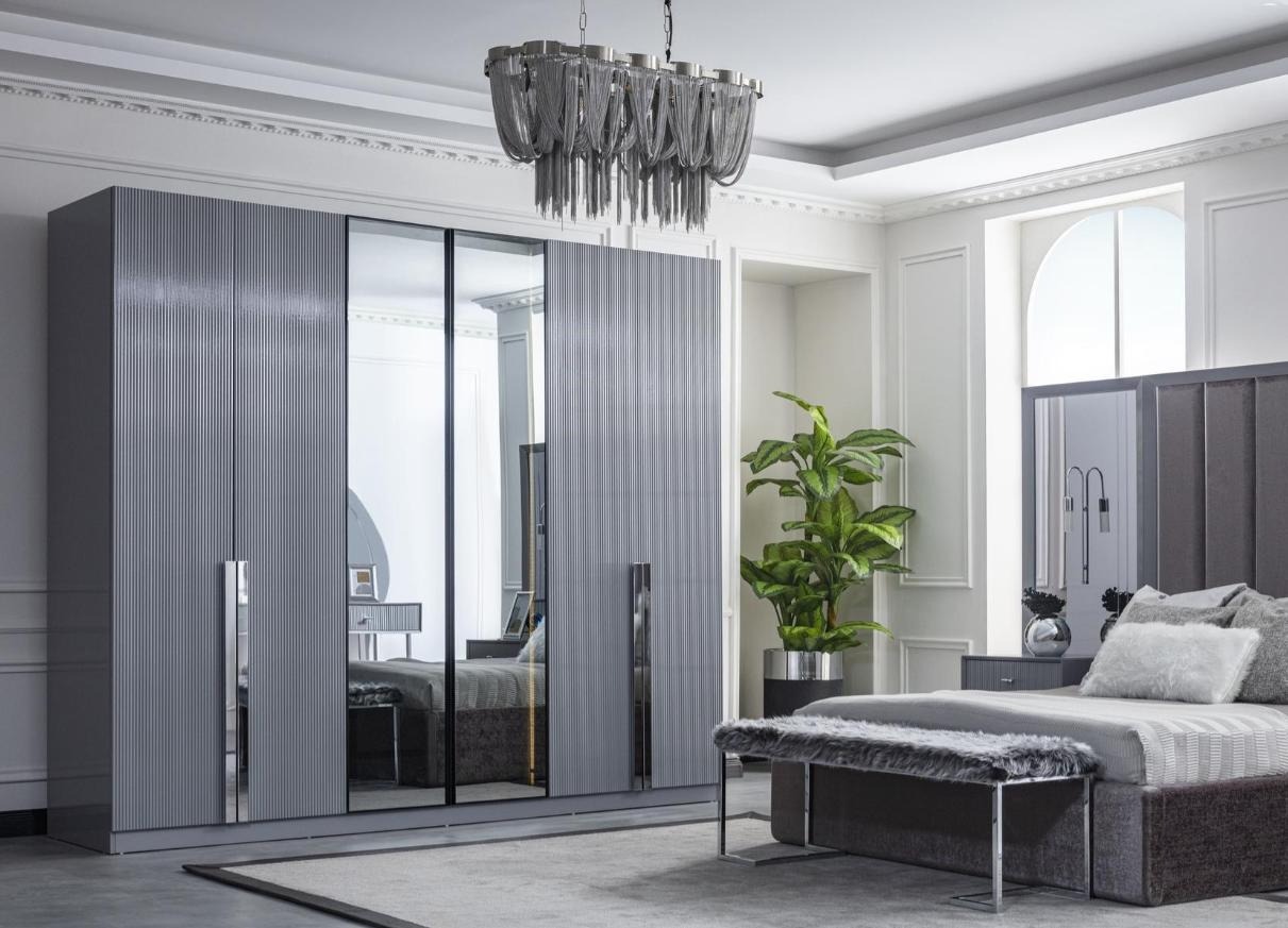 Graues Schlafzimmer Set 5 tlg. Bett Kleiderschrank Günstige Möbel Bank
