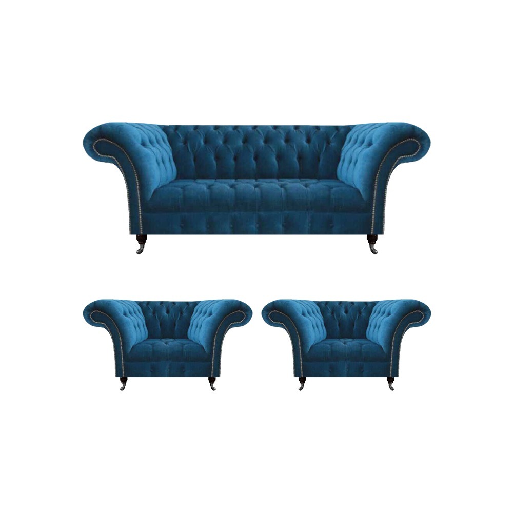 Designer Blaue Chesterfield Polstermöbel Wohnzimmer Couch 2x Sessel 3tlg
