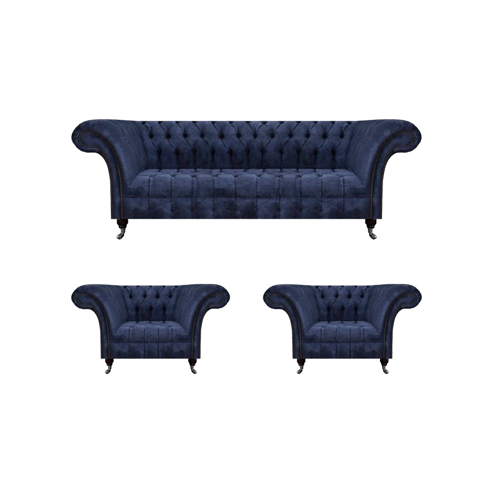 Stilvolle Blaue Chesterfield Möbel Luxuriöse Couchgarnitur Textil Set