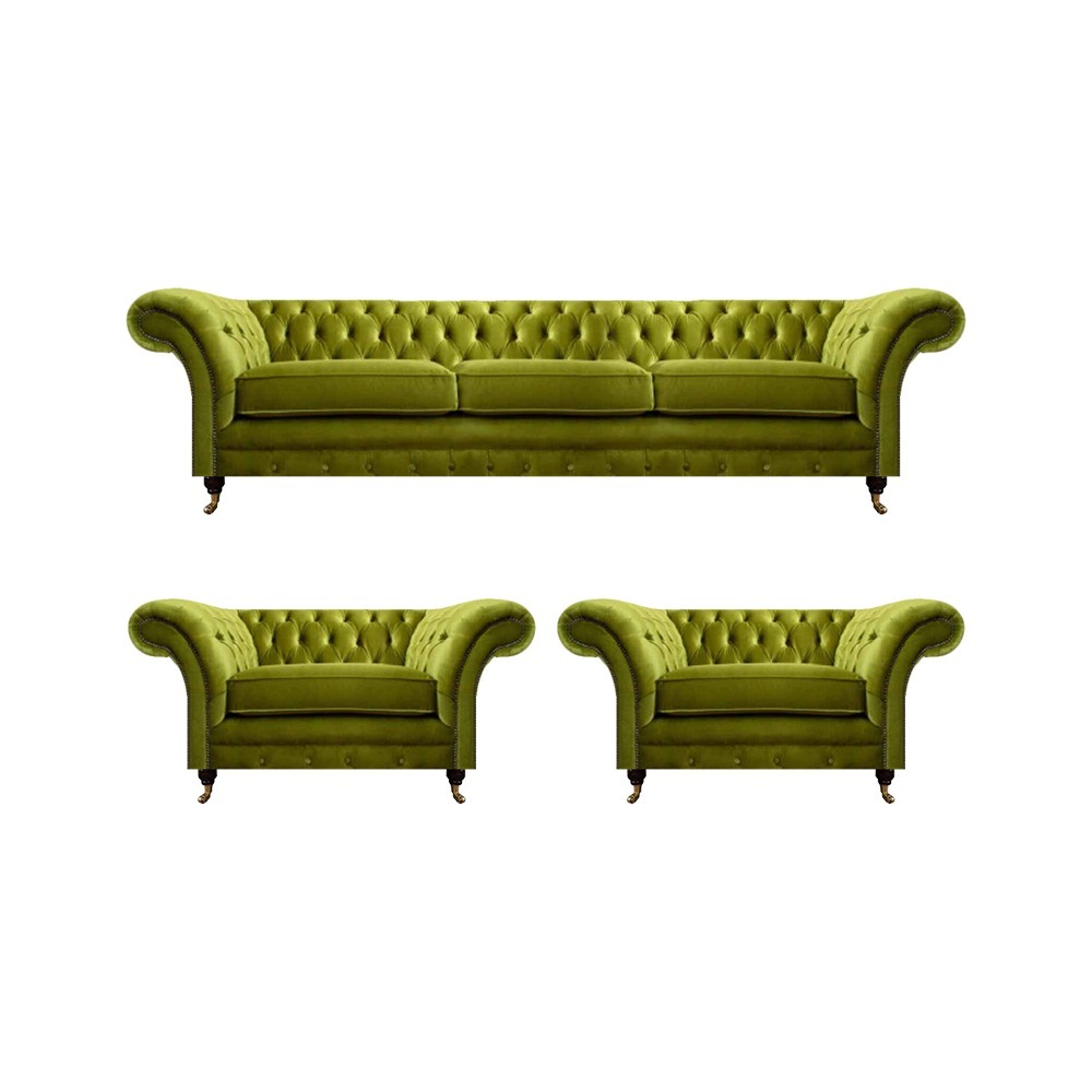 Olivengrüne Wohnzimmer Garnitur Chesterfield Polstercouch 2x Sessel 3tlg