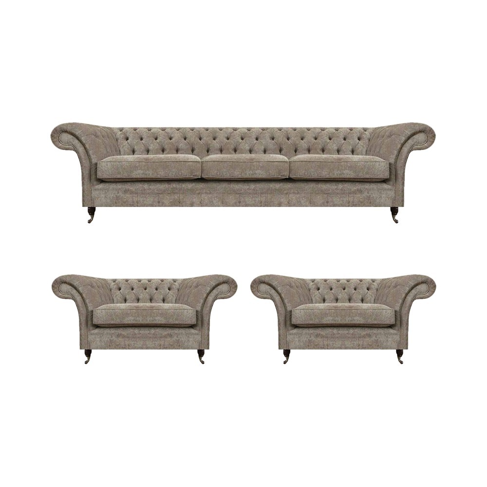 Graue Polster Chesterfield Garnitur Textilsofa 3-Sitzer 2 Einsitzer 3tlg