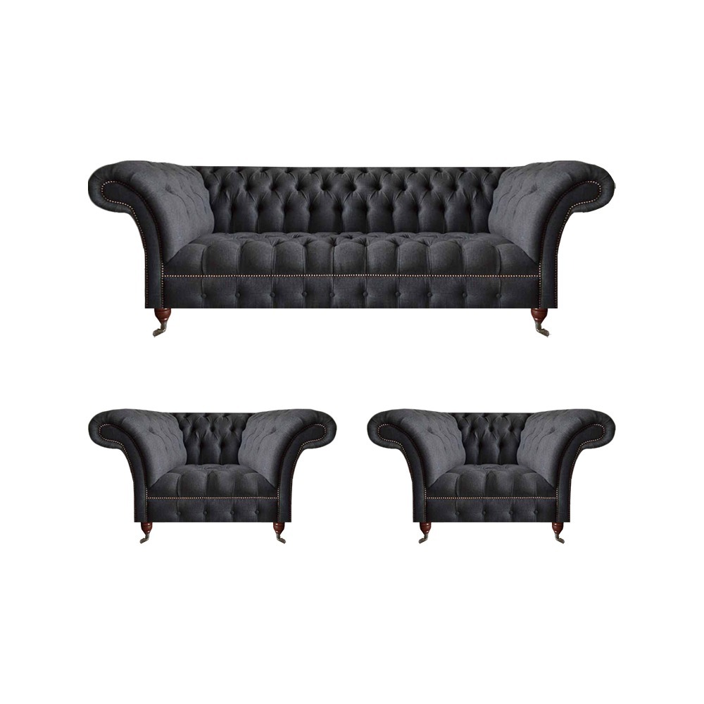 Chesterfield Schwarze Sitzgarnitur Wohnzimmer 3-Sitzer Couch 2x Sessel