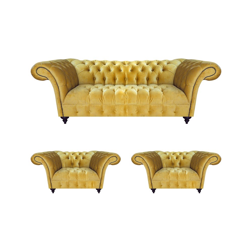 Stilvolle Gelbe Chesterfield Garnitur Designer Sofas 2x Luxus Sessel 3tlg