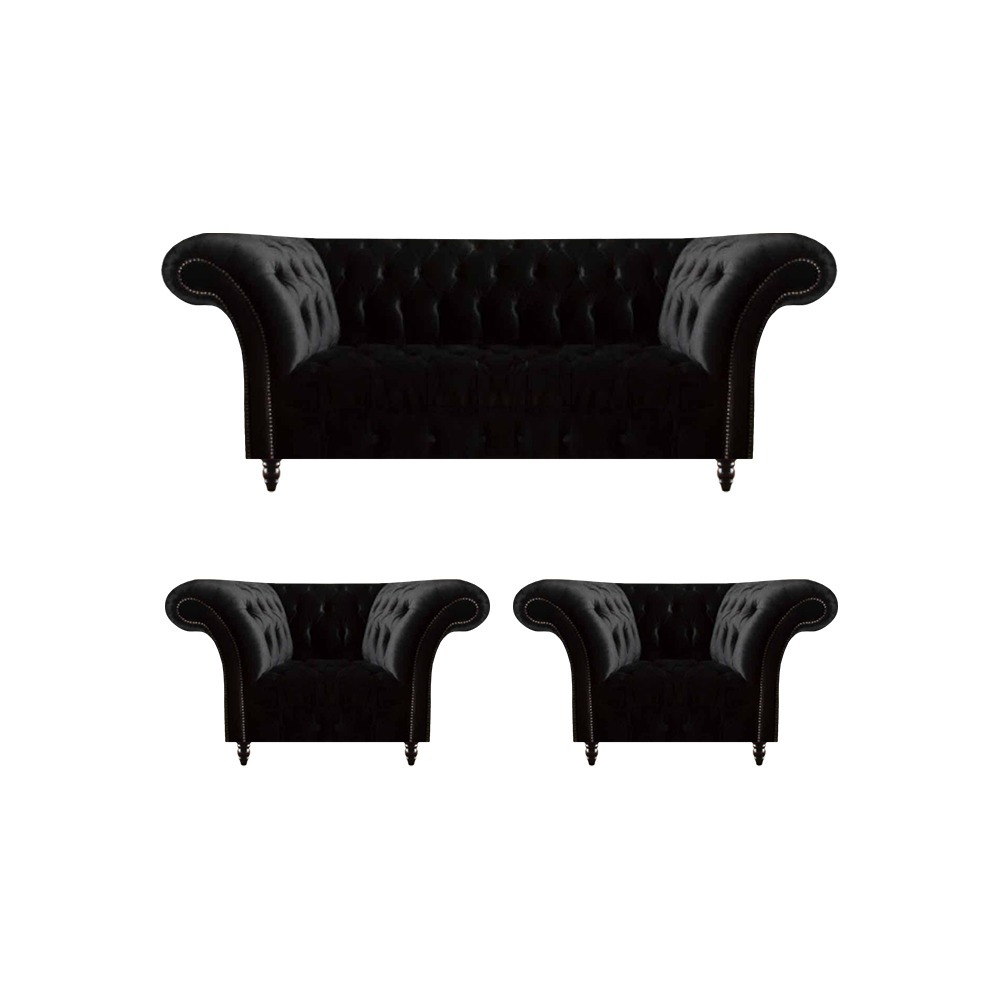 Schwarze Wohnzimmer Chesterfield Garnitur Designer Dreisitzer Sessel