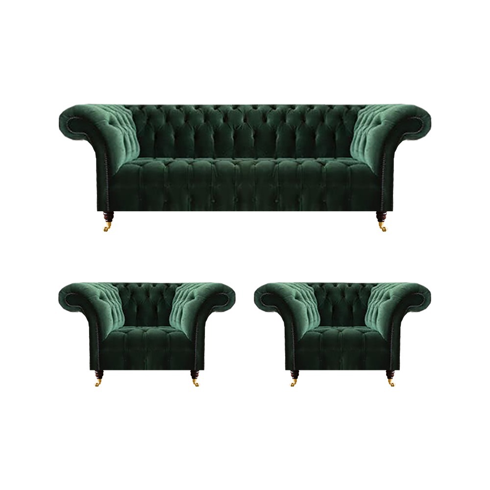 Dunkelgrüne Chesterfield Sessel Wohnzimmer Dreisitzer Luxus Couch 3tlg