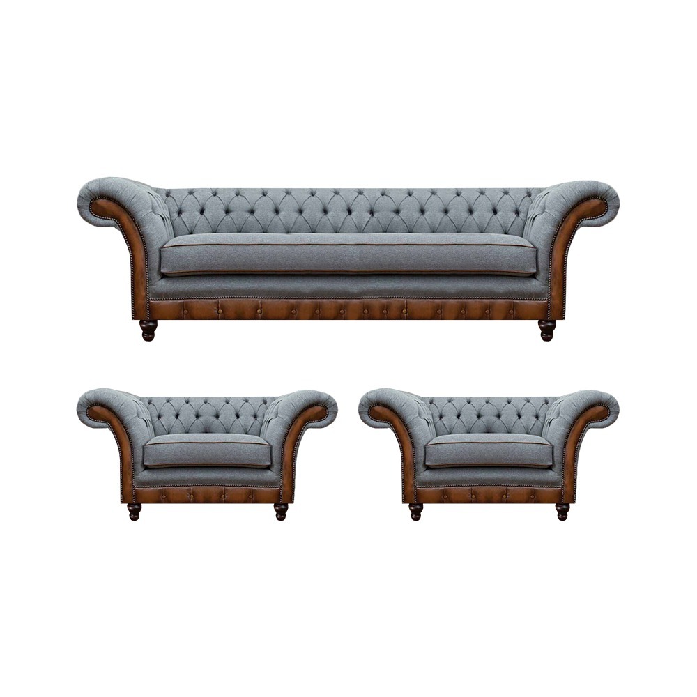 Chesterfield Grau-Braune Sofagarnitur Designer 2x Sessel Edler Dreisitzer