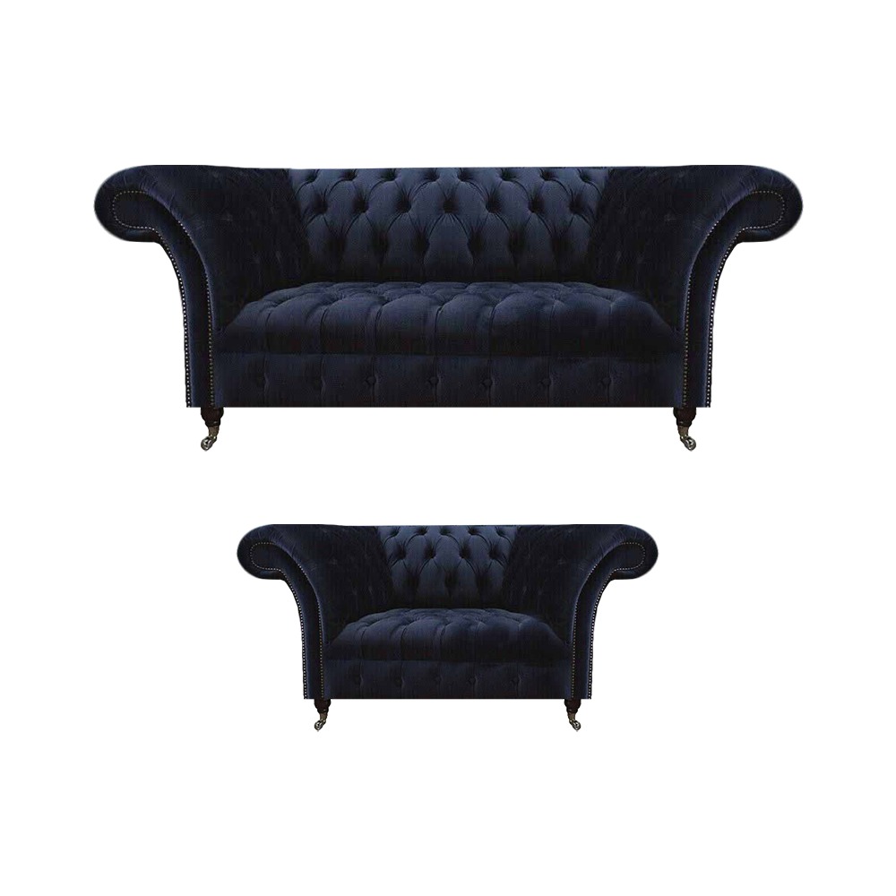 Blaue Wohnzimmer Chesterfield Couchen Designer Polstermöbel Sofas 2tlg
