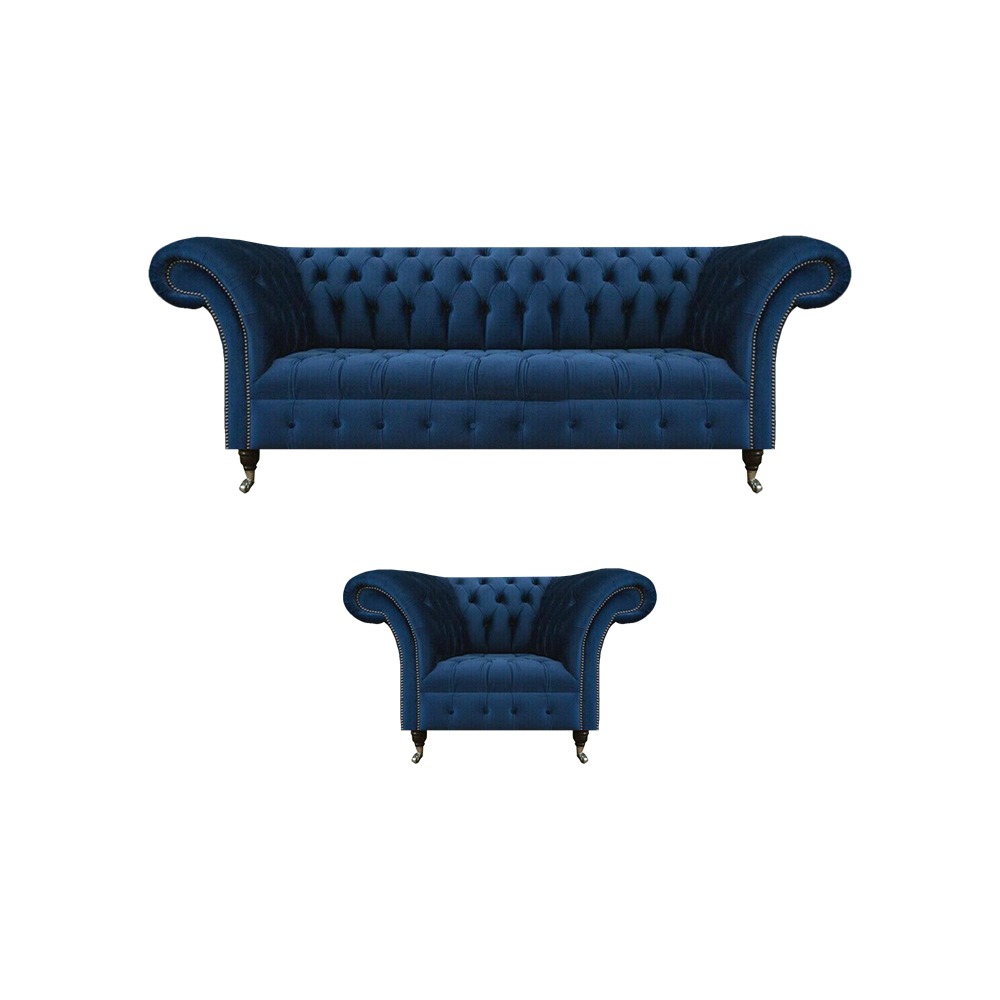 Blaue Chesterfield Garnitur Designer Dreisitzer Stoffsessel 2tlg Möbel