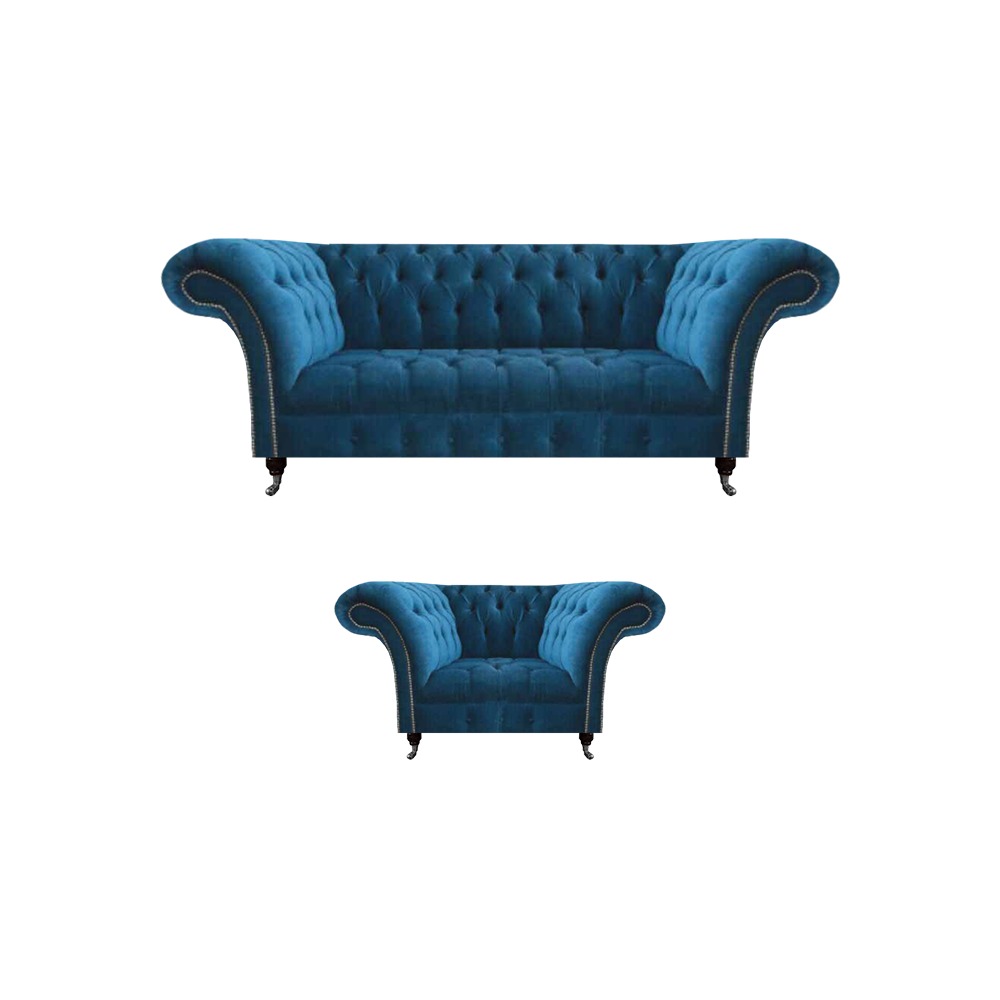 Wohnzimmer Chesterfield Blaue Sofagarnitur Stoffmöbel Polstercouchen