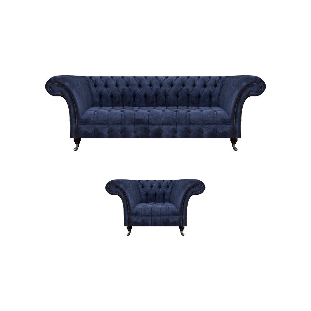 Blaue Chesterfield Stoffgarnitur Wohnzimmer Polster Sitzmöbel 2tlg Set