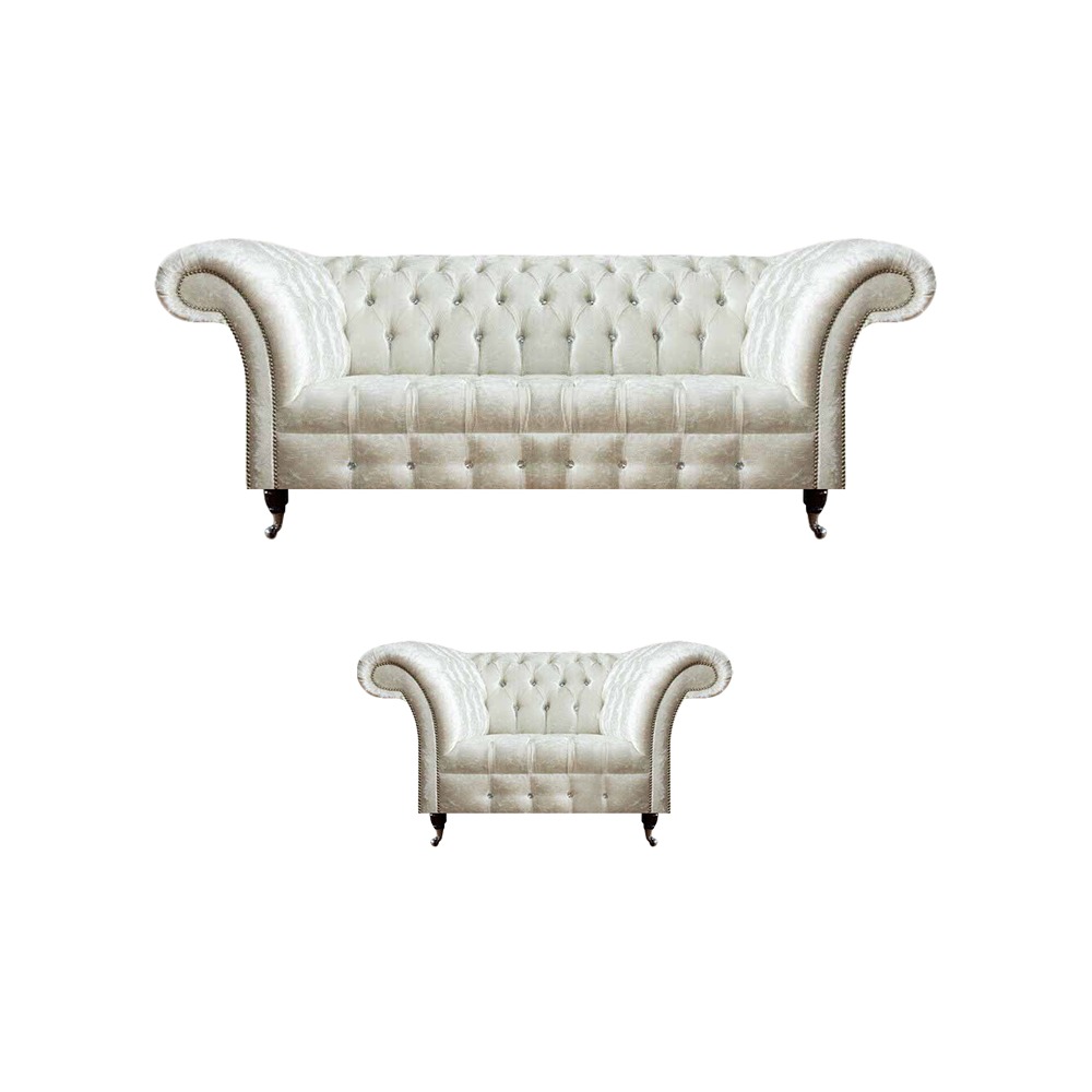 Moderne Chesterfield Weiße Stoffcouch Exklusiver Wohnzimmer Sessel 2tlg