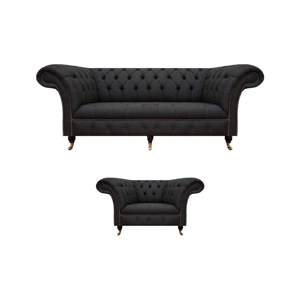 Chesterfield Schwarze Stoffgarnitur Designer 3-Sitzer Polstersessel 2tlg
